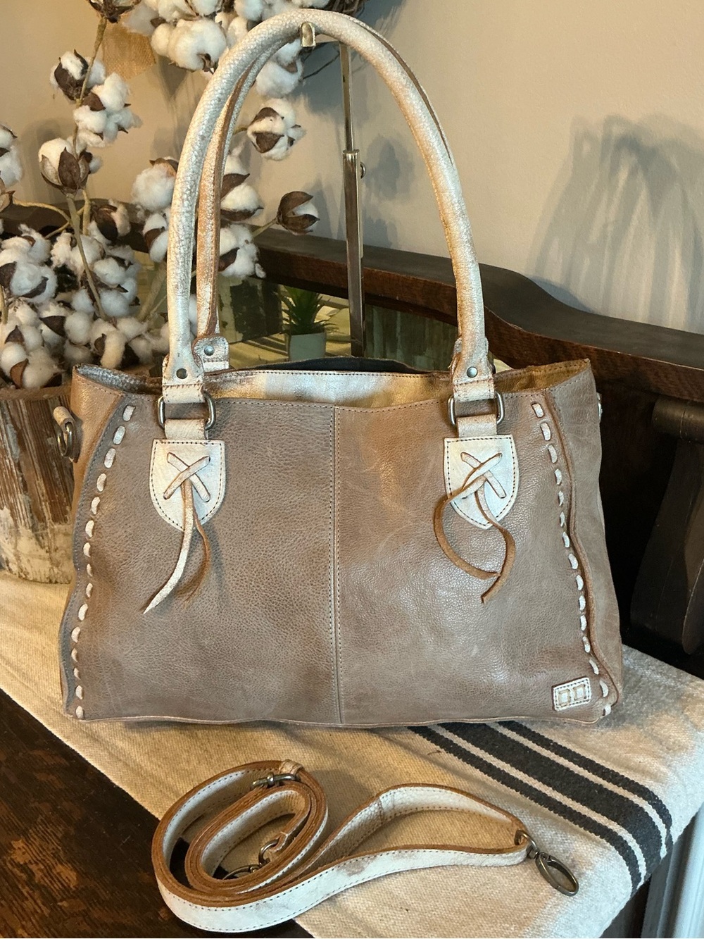 Bed Stu Taupe and Cream Leather Shoulder Bag